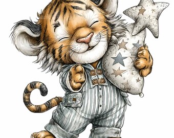 12 Kissen mit schlafendem Tigerstern (PNG), gestreifte Pyjama-Sublimationskunst fürs Kinderzimmer
