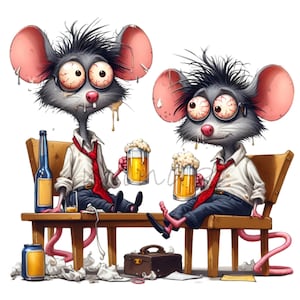 Funny Office Mice PNG Clipart | 14 Tired Mice with Beer in Office Attire | Quirky Cartoon Animal Illustration Download