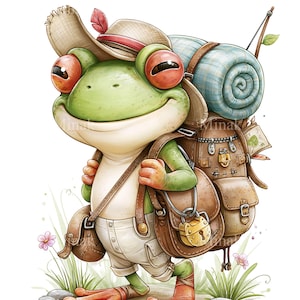 Könnte beinhalten: Ein grüner Frosch mit einem beigen Hut und einer roten Feder, weißer Hose und einem braunen Lederrucksack mit goldenem Vorhängeschloss. Der Frosch trägt eine blaue zusammengerollte Decke und eine Angelrute, umgeben von kleinen rosa Blumen und grauen Steinen.