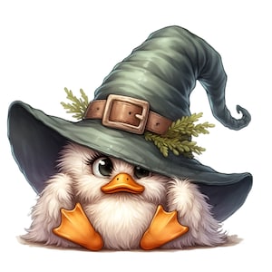 10 süße Ente PNG Clipart mit Hexenhut und Blättern, flauschige Entlein Kunst für Halloween Dekor, Herbst Tier Digital Download