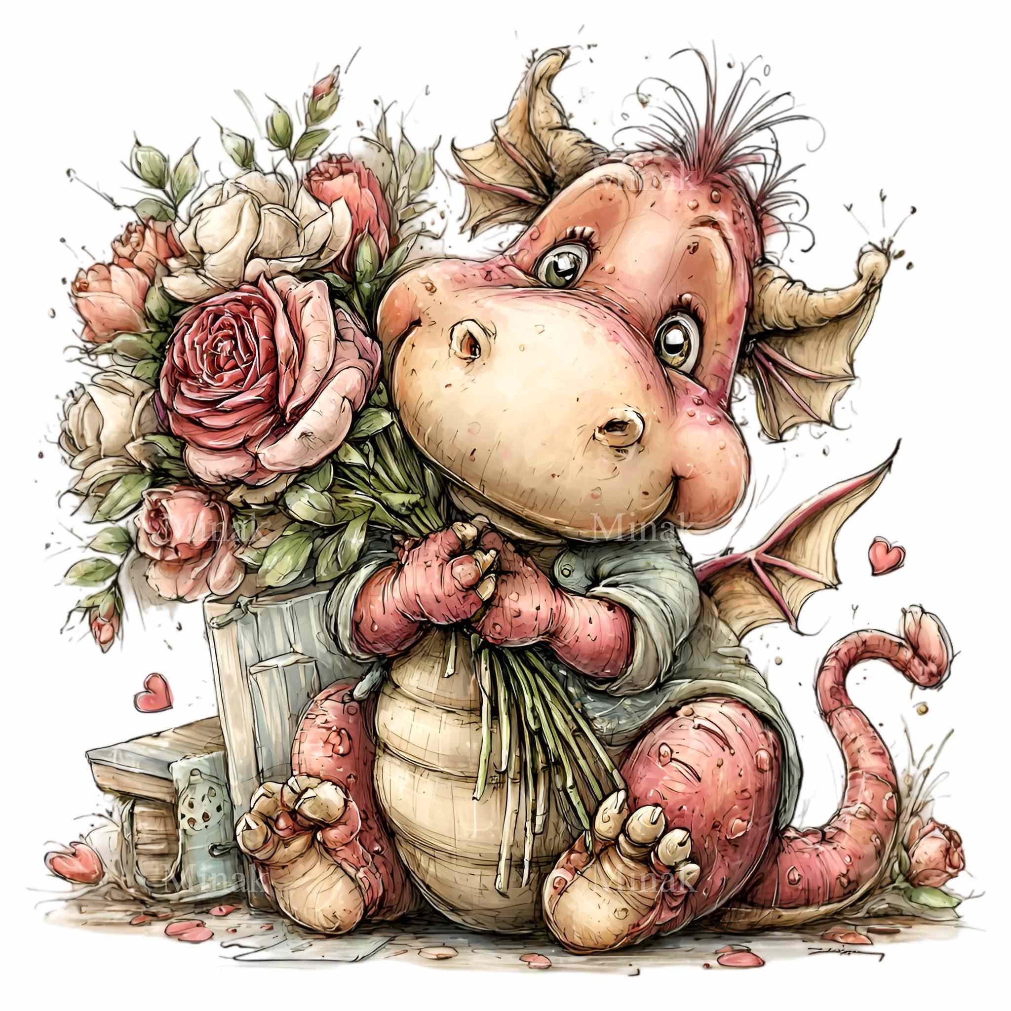 15 PNG Baby Dragon Clipart – Fantasy Animal With Roses for Valentine ...