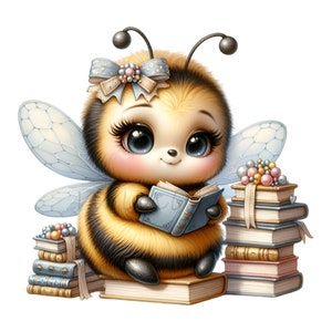 Può includere: Un'ape di cartone animato carina che indossa un fiocco blu e tiene un libro blu. L'ape è seduta su una pila di libri con una pila di libri dietro.