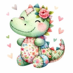 May include: A green patchwork dragon with a pink flower crown and a floral patterned body. The dragon is smiling and has a pink blush on its cheeks. There are pink hearts scattered around the dragon.