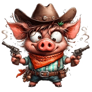 10 PNG Cowboy Schwein Clipart - Wildes West Schweinchen PNG - Lustige Pistolenkämpfer Tierkunst für Sublimation, Karten, westliches Handwerk