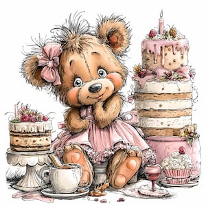 10 PNG Birthday cake clipart – pink bear PNG illustration – girl party decor, nursery wall art, cute animal print for celebration theme