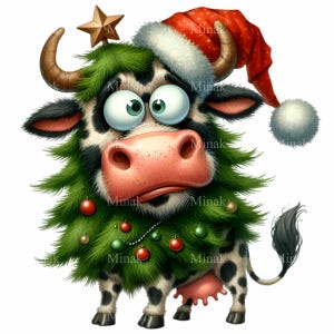 Clipart vache de Noël PNG en costume d'arbre | 14 Illustration drôle de vache pour les fêtes | Art animalier festif lunatique en téléchargement numérique