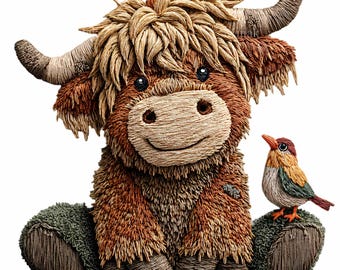 14 imagens PNG de vacas das Terras Altas com textura de bordado falso e desenho de pássaros.