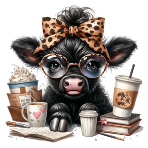 15 Clipart di mucche carine PNG, mucca nera con fiocco leopardato e occhiali, arte digitale per amanti del caffè
