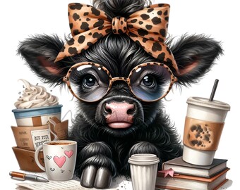 15 PNG Cute Highland Cow with Coffee Clipart, Leopard Bow Glasses Baby Cow, Funny Farm Animal Digital Download