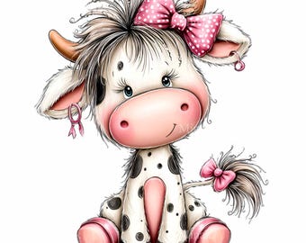 16 imágenes prediseñadas de vaca PNG con lazo rosa, ternero, gráfico de animal de granja, novilla, diseño de sublimación
