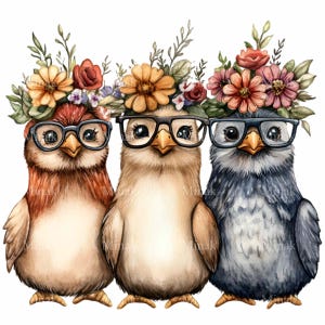 10 PNG de pájaros lindos con gafas, pájaros de dibujos animados con corona floral PNG, trío de pájaros nerd divertidos, clipart de decoración primaveral
