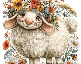 12 PNG Sheep Wildflower Clipart, Flower Crown Sublimation