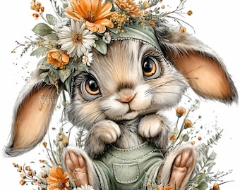 15 PNG Rabbit Clipart Floral Illustration, Watercolor Baby Bunny Animal for Nursery Prints Crafts
