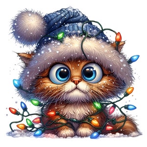 12 cliparts PNG de joli chat de Noël avec un chapeau bleu et des lumières, un chaton aux grands yeux enveloppé de neige et des ampoules colorées