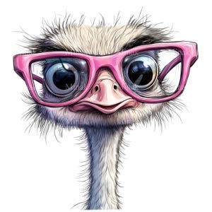 12 imágenes prediseñadas de avestruz divertidas: arte de dibujos animados de avestruz con gafas rosas: diseño animal peculiar para manualidades y proyectos