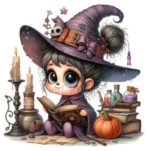 May include: A young witch with large blue eyes reads a book in a purple and black robe. She wears a pointed hat with a skull and a bow. She is surrounded by candles, potions, and books.