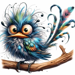 15 imágenes PNG de pájaros esponjosos de colores, pájaro divertido de ojos salvajes en una rama, arte de pájaro con plumas extravagantes, descarga digital