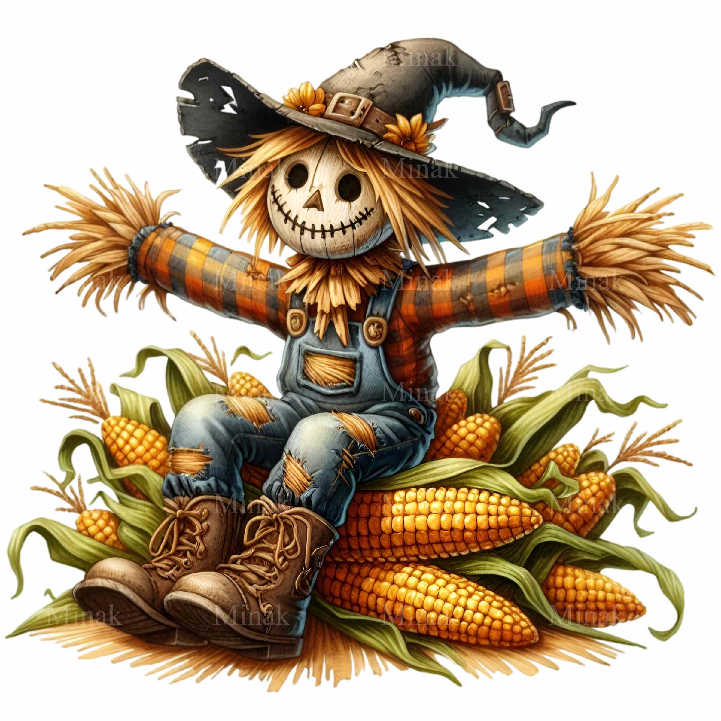 10 PNG Cute Scarecrow Clipart – Fall Corn Harvest PNG – Adorable Autumn Character Art for Thanksgiving Crafts, Cards, Sublimation Projects