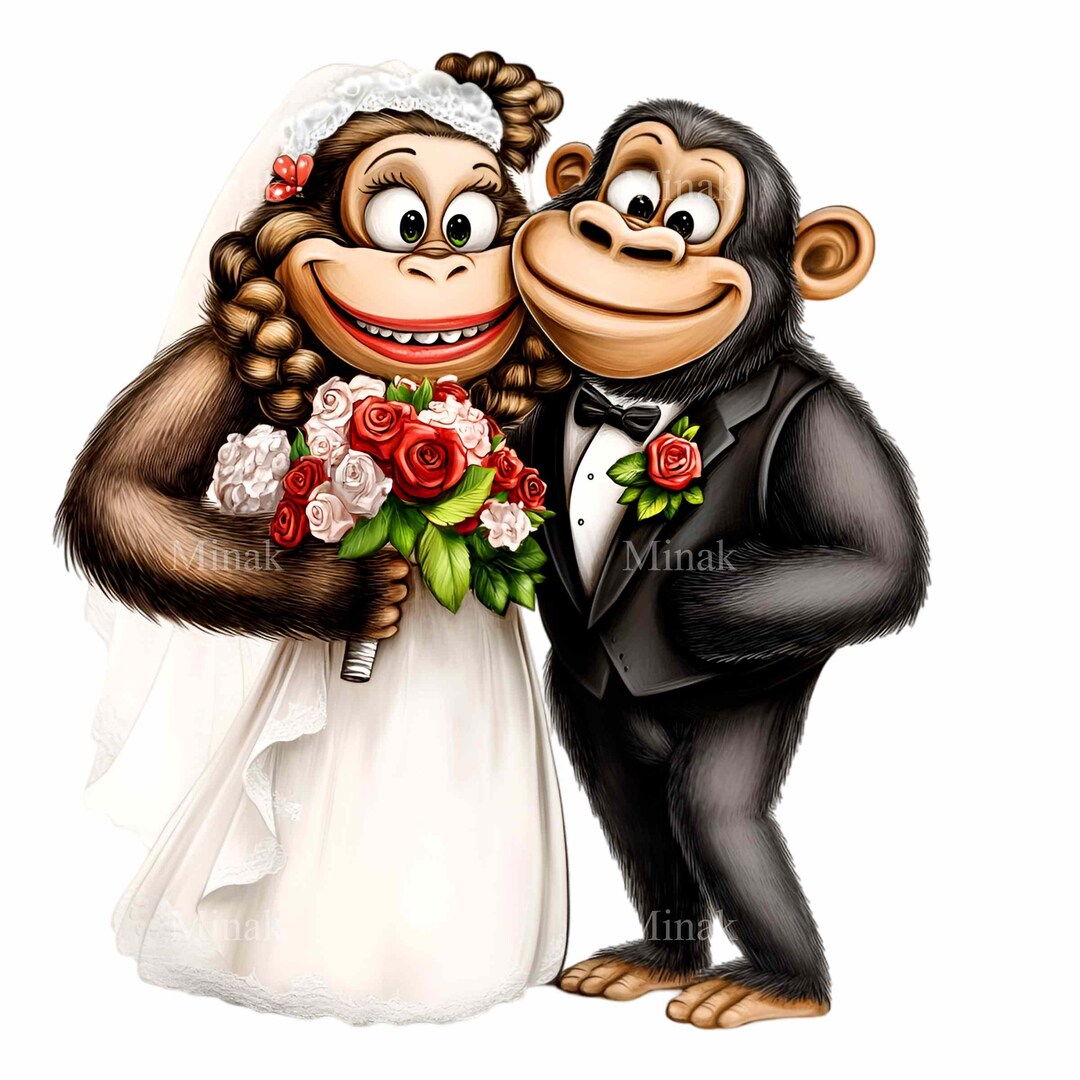 12 PNG Monkey Wedding Clipart, Chimp Bride and Groom, Funny Jungle ...