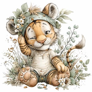 Puede incluir: Una encantadora ilustraci&oacute;n de un cachorro de tigre gui&ntilde;ando un ojo, con un sombrero verde claro adornado con flores y hojas. El cachorro viste una camisa blanca y pantalones cortos, rodeado de vegetaci&oacute;n y peque&ntilde;as flores blancas. El cachorro de tigre est&aacute; sentado.