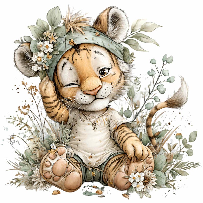 Puede incluir: Una encantadora ilustraci&oacute;n de un cachorro de tigre gui&ntilde;ando un ojo, con un sombrero verde claro adornado con flores y hojas. El cachorro viste una camisa blanca y pantalones cortos, rodeado de vegetaci&oacute;n y peque&ntilde;as flores blancas. El cachorro de tigre est&aacute; sentado.