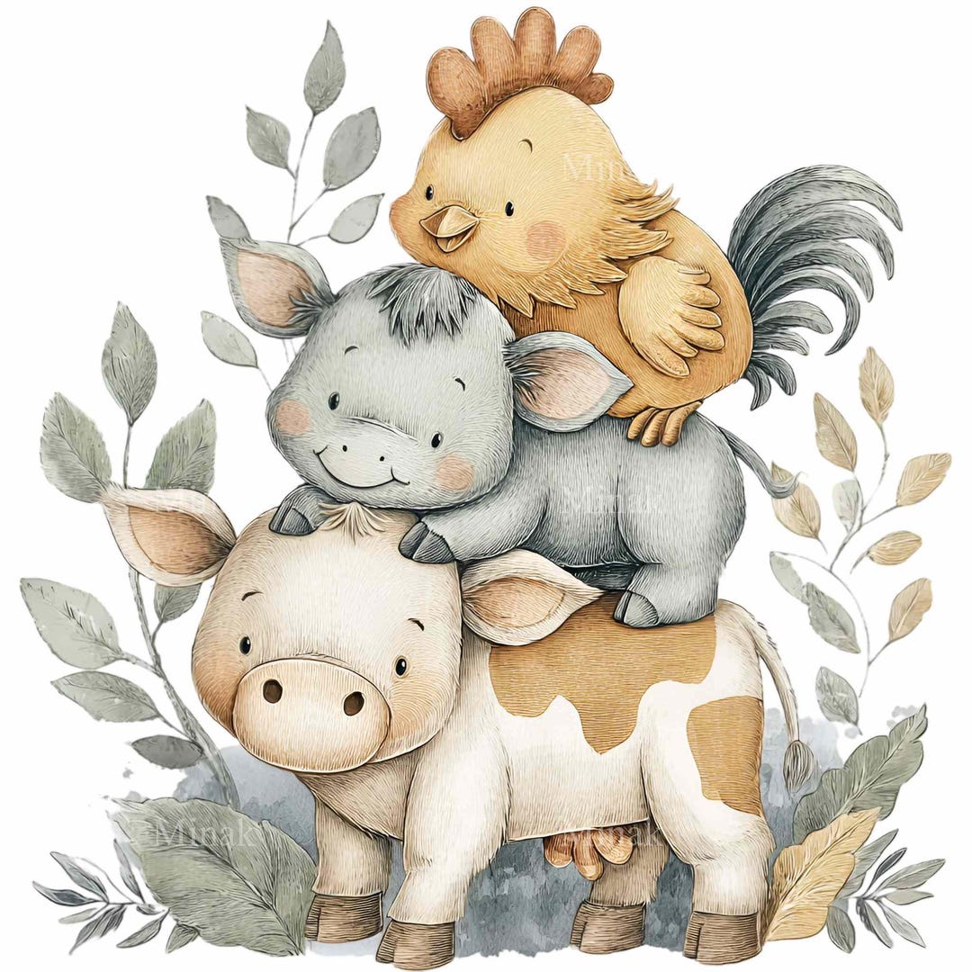 16 PNG Watercolor Farm Animal Clipart – Cow Donkey Chicken Illustration ...