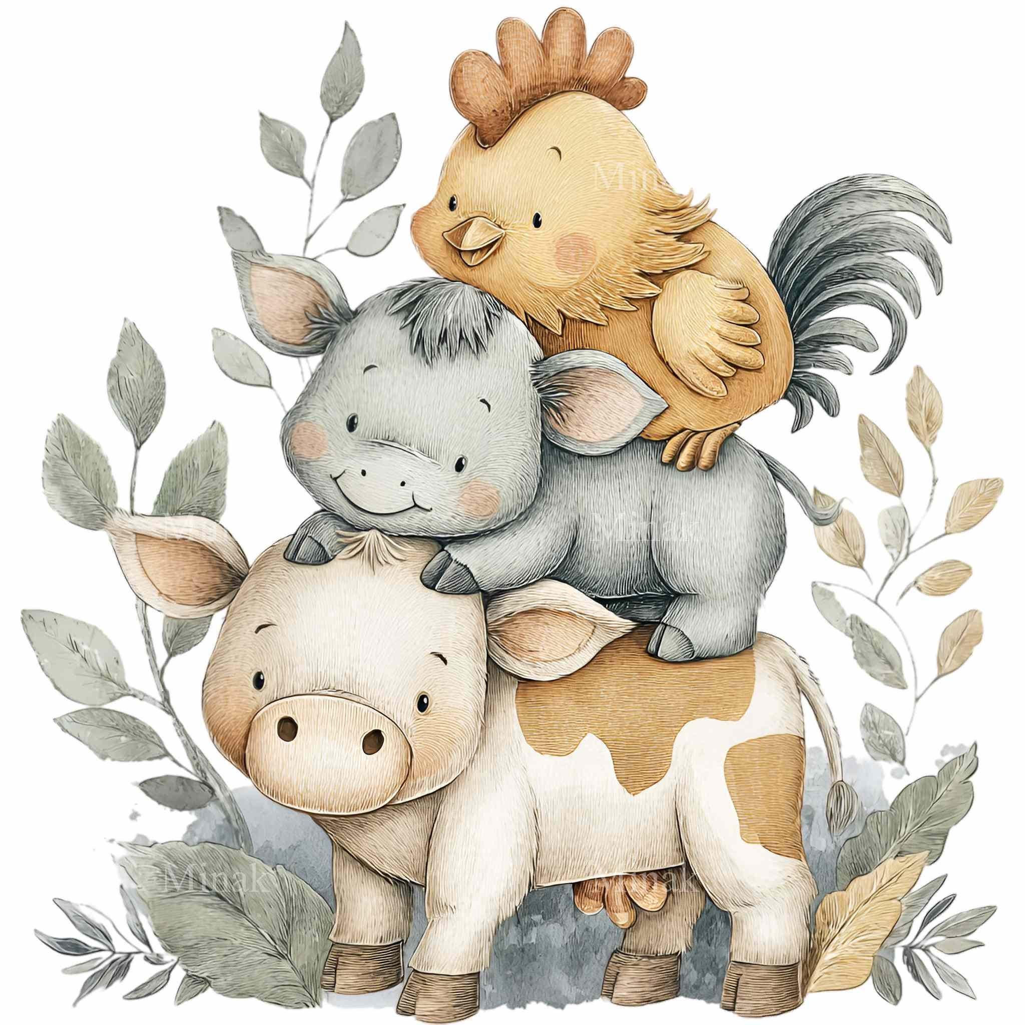 16 PNG Watercolor Farm Animal Clipart – Cow Donkey Chicken Illustration ...