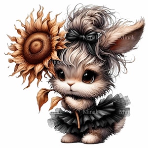 12 PNG Mode-Kaninchen mit Sonnenblume PNG Clipart, niedliches Kaninchen im schwarzen Tutu und Bogen, Herbst-Blumen-Wald-Tierkunst für Kinderdekor