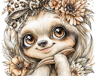 10 PNG Sloth Sunflower Clipart, Leopard Bow Fall Floral Design