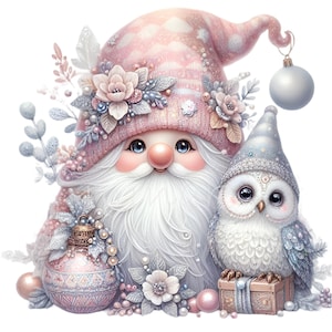12 cliparts PNG de nain de Noël - Joli nain de vacances rose avec hibou, chapeau floral, cadeaux et boules, sublimation d'hiver
