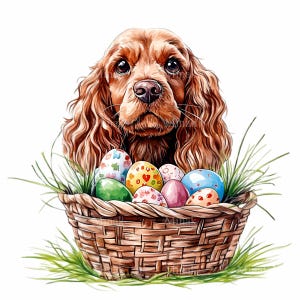 Może przedstawiać: Brązowy i biały pies rasy cocker spaniel wyglądający z wiklinowego koszyka wypełnionego kolorowymi jajkami wielkanocnymi.