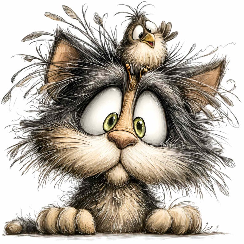 May include: A whimsical illustration of a cat with wide, surprised eyes and a small bird perched on its head. The cat has gray and tan fur, with green eyes and a pink nose. The bird is brown with a yellow beak. The artwork has a cartoonish style.