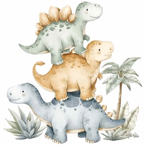 May include: A watercolour illustration featuring three friendly dinosaurs, one on top of the other. The dinosaurs are in shades of blue, tan, and green, with a palm tree and foliage in the background. The image has a soft, whimsical style.