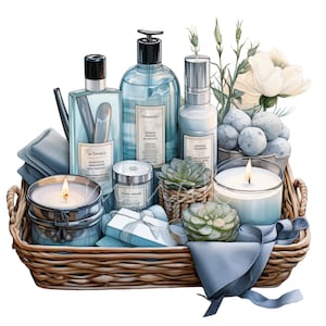 Pacchetto Clipart Spa PNG, 20 illustrazioni di massaggi facciali per cosmetici da bagno ad acquerello, clip art, stampabili, download digitali