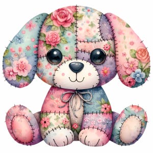 Patchwork Puppy PNG Clipart | 14 Cute Quilted Dog Illustration | Floral Stuffed Animal Art Digital Download