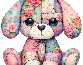 Patchwork Welpe PNG Clipart | 14 Niedliche gesteppte Hundeillustration | Blumen Kuscheltier Kunst Digital Download