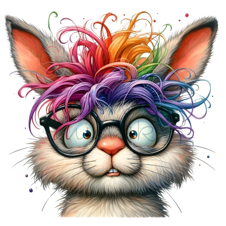 12 PNG Rainbow Messy Hair Bunny, Funny Nerd Rabbit Quirky Animal - Etsy