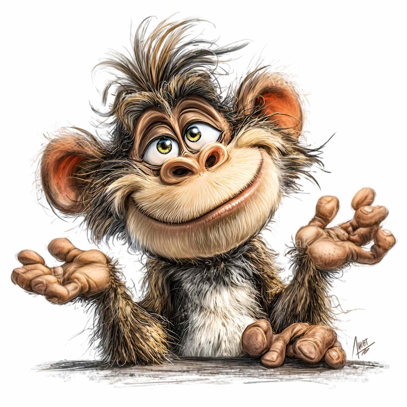 May include: A cartoon illustration of a smiling monkey with brown fur, a light brown face, and green eyes. The monkey has its arms outstretched, appearing friendly and inviting. The image is a digital illustration with detailed shading and highlights.