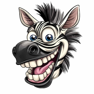 12 divertenti clipart PNG di zebra - Zebra dei cartoni animati con espressione esilarante - Arte digitale stravagante su sfondo bianco