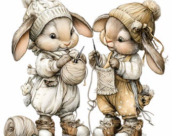 15 PNG Knitting Bunny Clipart, Yarn Lover Rabbit Fiber Artist Sublimation