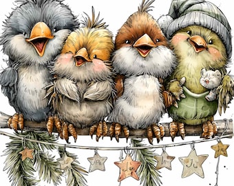 11 images PNG d'oiseaux chanteurs, clipart de branches de pin de Noël