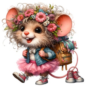 12 lindos ratones PNG, ratones caprichosos con tutú y mochila, descarga digital de animales de fantasía para sublimación
