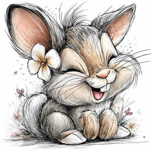 May include: A whimsical illustration of a smiling bunny with a flower in its ear. The bunny is depicted in soft, neutral tones with delicate linework, and is surrounded by small flowers. The bunny's expression is joyful and inviting.