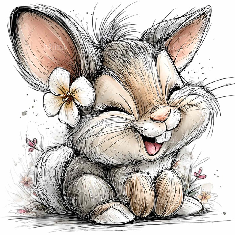 May include: A whimsical illustration of a smiling bunny with a flower in its ear. The bunny is depicted in soft, neutral tones with delicate linework, and is surrounded by small flowers. The bunny's expression is joyful and inviting.