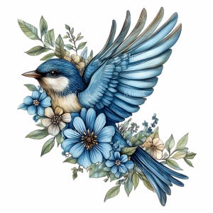 12 élégants oiseaux chanteurs PNG Clipart avec des fleurs et des feuilles bleues, illustration numérique inspirée de la nature