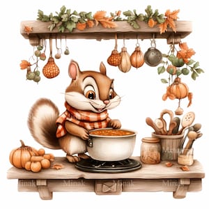 May include: A cute cartoon squirrel wearing a red and white scarf is cooking a pot of soup on a stovetop. The squirrel is standing on a wooden counter with a variety of fall-themed decorations hanging above.