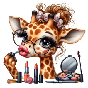 15 PNG Girly giraffe clipart – Cute giraffe PNG makeup – Fashion animal illustration for kids prints, shirts, nursery art, stickers and mugs