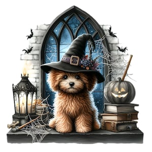 9 PNG witch puppy Halloween clipart - cute dog png - crafters, spooky fall decor, sublimation, diy stickers, card making design