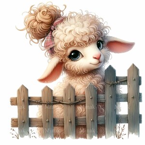 May include: A fluffy white lamb with a pink bow in its hair peeks over a wooden fence. The lamb has big blue eyes and a sweet expression.