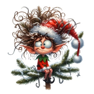 12 PNG de duendes navideños divertidos, duendes navideños con el pelo desordenado, duendes de dibujos animados adorables en una rama nevada, decoración invernal con sombrero rojo